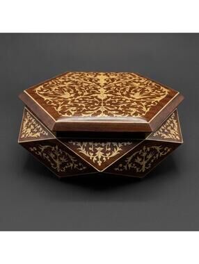 Vintage Rare Italian Inlaid Wood Music Box Love Story Tune Hexagon Jewelry Box